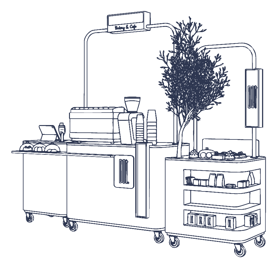 Illustration of the DOT Coffee Station: a coffee cart with barista and pastry shelf